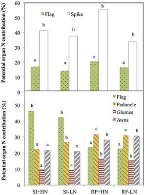 The Nitrogen Contribution of Different Plant Parts to Wheat Grains: Exploring Genotype, Water, and Nitrogen Effects